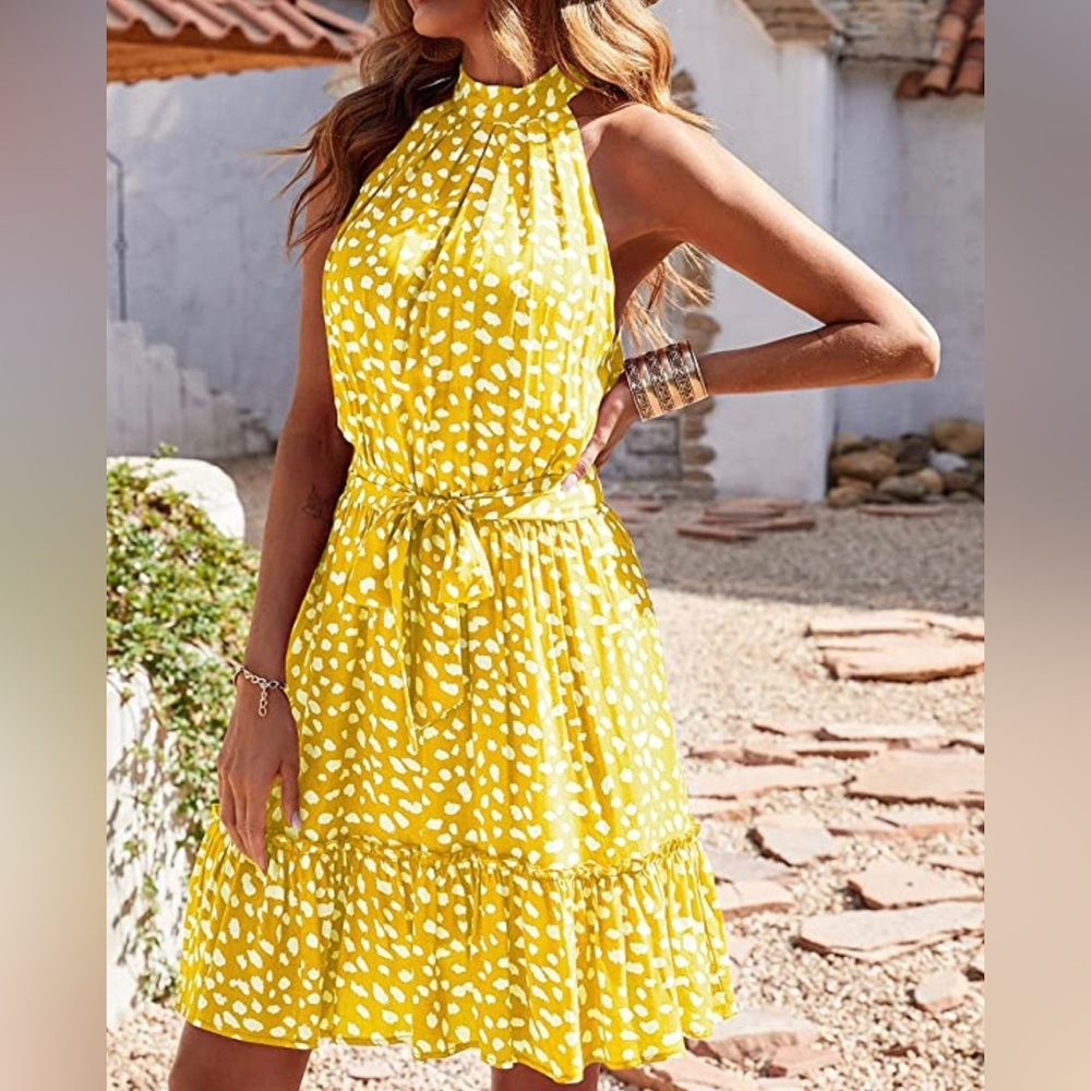 Halter Neck Dress Sleeveless Polka Dot Short Boho Ruffle Sundress women’s Small